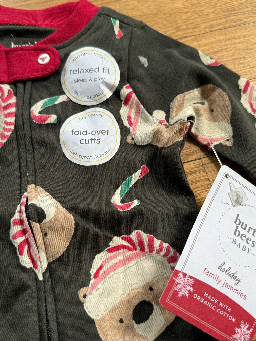 NWT Burt's Bees Baby 0-3 Christmas Candy Cane  Bears Sleep + Play One Piece